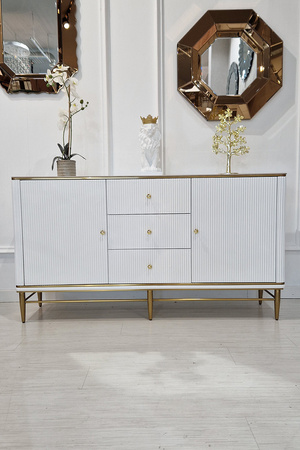 Komoda biała z szufladami do salonu sypialni Violino glamour ze złoceniami i blatem ze spieku 921-1 white