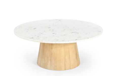 Marmoholz Trento – Stolik Kawowy | Biały Marmur & Jasny Dąb Mango | Ø80 cm