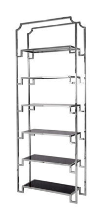 Regał nowoczesny metalowy Hyatt Silver 90/32/230 cm ze szklanymi półkami ekskluzywny designerski srebrny metalowy Z0226MV Silver