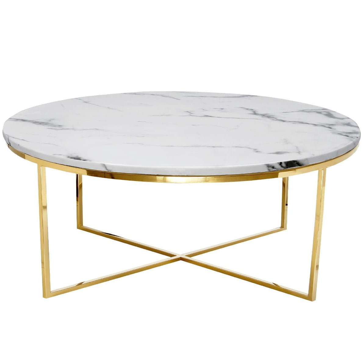 Stolik kawowy do salonu Pelio glamour z blatem z białego marmuru osadzony na złotym stelażu 90/90/42 cm TG-321-1 gold/white
