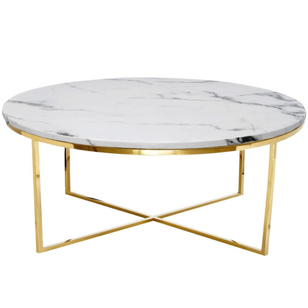 Stolik kawowy do salonu Pelio glamour z blatem z białego marmuru osadzony na złotym stelażu 90/90/42 cm TG-321-1 gold/white