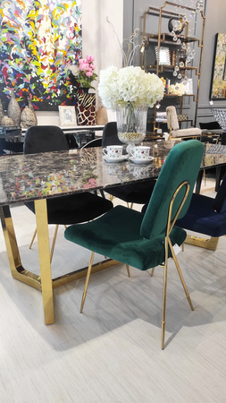 Elegancki stół do jadalni Roseta 200/100/75cm z brązowym marmurowym blatem i złotymi chromowanymi nóżkami TG-282 gold/brown