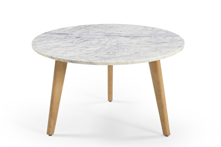 Marmoholz Modena – Stolik Kawowy | Biały Marmur & Jasny Dąb Mango | Ø70 cm