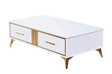 Stolik kawowy z szufladami Laval glamour 130/70/41cm z białego szkła hartowanego o złotym wykończeniu 1810_2