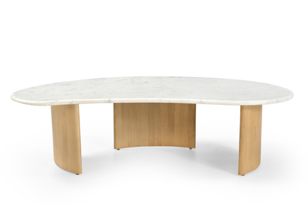 Marmoholz Lecce – Stolik Kawowy Owalny | Biały Marmur & Jasny Dąb Mango | 130 x 60 cm