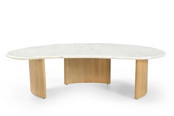 Marmoholz Lecce – Stolik Kawowy Owalny | Biały Marmur & Jasny Dąb Mango | 130 x 60 cm