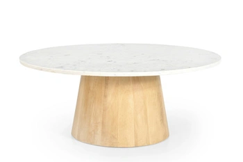 Marmoholz Trento – Stolik Kawowy | Biały Marmur & Jasny Dąb Mango | Ø80 cm