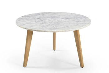 Marmoholz Modena – Stolik Kawowy | Biały Marmur & Jasny Dąb Mango | Ø70 cm