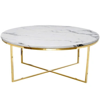 Stolik kawowy do salonu Pelio glamour z blatem z białego marmuru osadzony na złotym stelażu 90/90/42 cm TG-321-1 gold/white